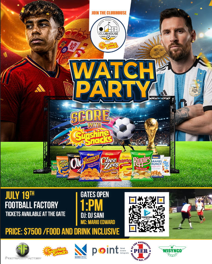 Score With Sunshine Snacks watch party at Football Factory on July 19, 2026, with gates opening at 1 PM
